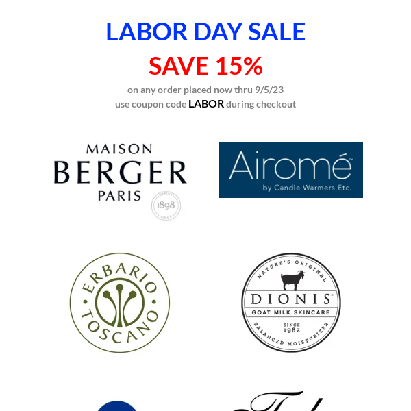 15% Off Lampe Berger, Dionis Skincare, Airome, Capri Blue & More