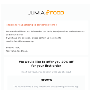 Thanks for subscribing to Jumia Food !