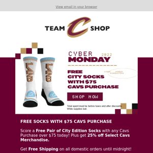 FREE City Socks with any Cavs Purchase over $75 while supplies last