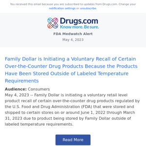 FDA Safety Alert: Family Dollar is Initiating a Voluntary Recall of Certain Over-the-Counter Drug Products Because the Products Have Been Stored Outside of Labeled Temperature Requirements