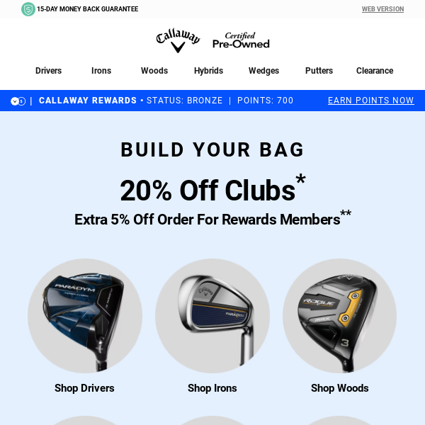 Build Your Bag: 20% Off All Clubs + Extra 5% Off For Rewards Members