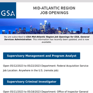 New/Current Job Opportunities in the GSA Mid-Atlantic Region