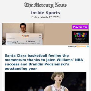 Santa Clara basketball feeling the momentum thanks to Jalen Williams’ NBA success and Brandin Podziemski’s outstanding year