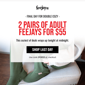 📆LAST DAY: 2 pairs of adult Feejays for $55