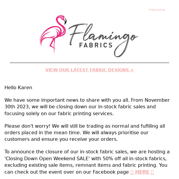 Flamingo Fabrics In-Stock Fabrics: Closing Down Open Weekend SALE 😱👀