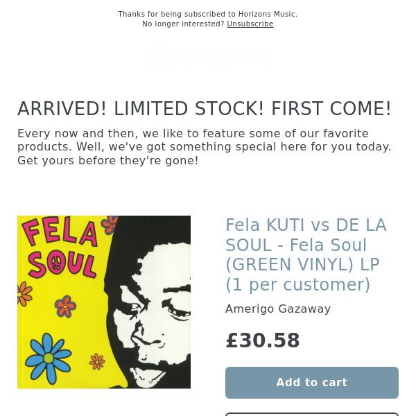 BACK IN! QUICK! Fela KUTI vs DE LA SOUL - Fela Soul (GREEN VINYL) LP (1 per customer)