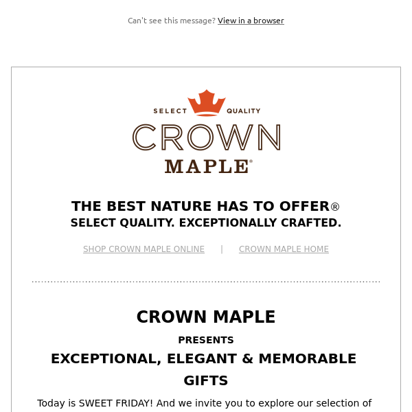 Crown Maple Holiday Gifting SAVE 20% Promo with FREE shipping over $75