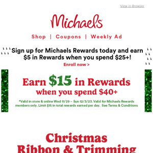 Limited time: Earn $15 in Rewards when you spend $40+! Shop our Big Holiday  Sale now. - Michaels Stores