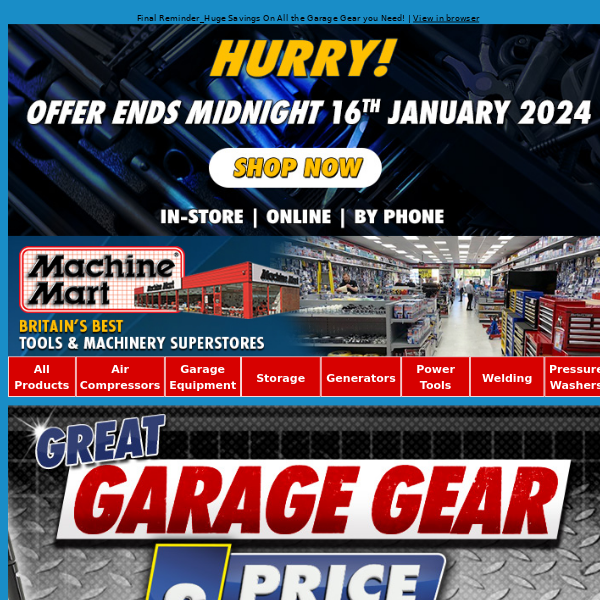 Reminder: Our Great Garage Gear Price Crash Ends Today!