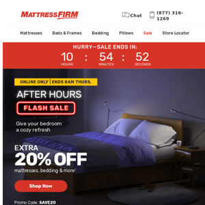 Hurry! Extra 20% Off Mattresses, Bedding & More at MATTRESS FIRM Ends 8AM