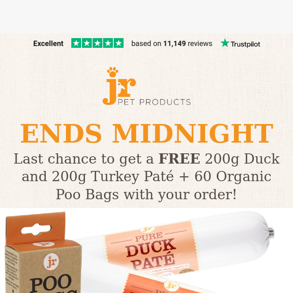 Ends Midnight | FREE 200g Duck and 200g Turkey Paté + 60 Organic Poo Bags with your order