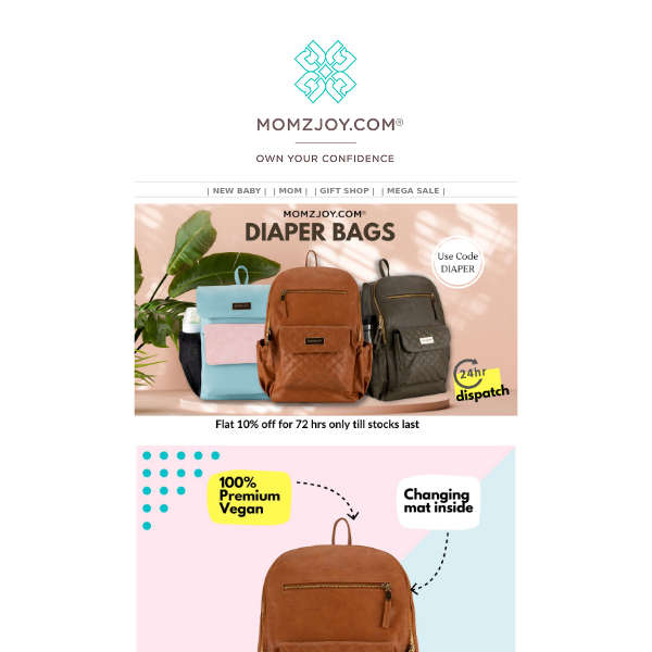 ALERT📢 Shop Now Diaper Bags and Get 10% off for only 72 hours!