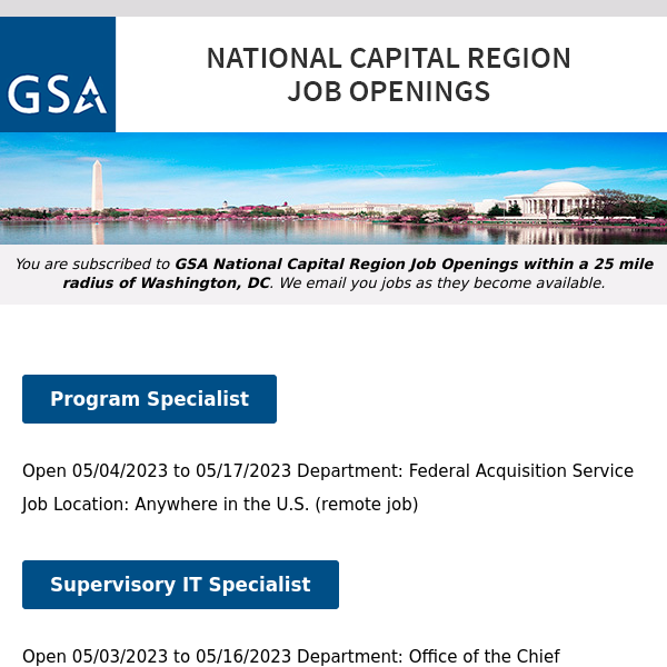 New/Current Job Opportunities in the GSA National Capital Region