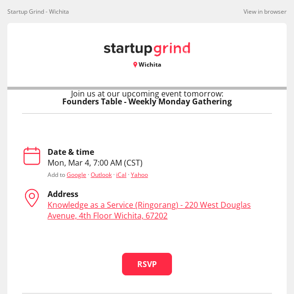 Event Tomorrow: Founders Table - Weekly Monday Gathering