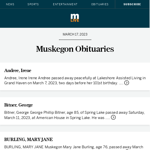 Today's Muskegon obituaries for March 17, 2023