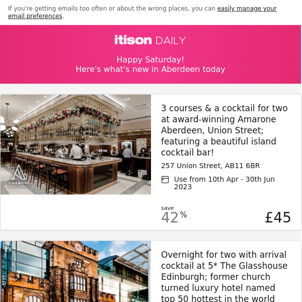 Amarone Aberdeen dining; 5* The Glasshouse getaway; Oldmeldrum Golf Club; Michelin starred dining at The Peat Inn, and 8 other deals