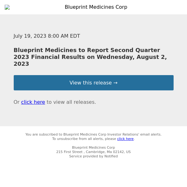 Blueprint Medicines to Report Second Quarter 2023 Financial Results on Wednesday, August 2, 2023