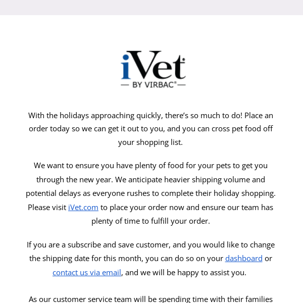iVet by Virbac Holiday Schedule