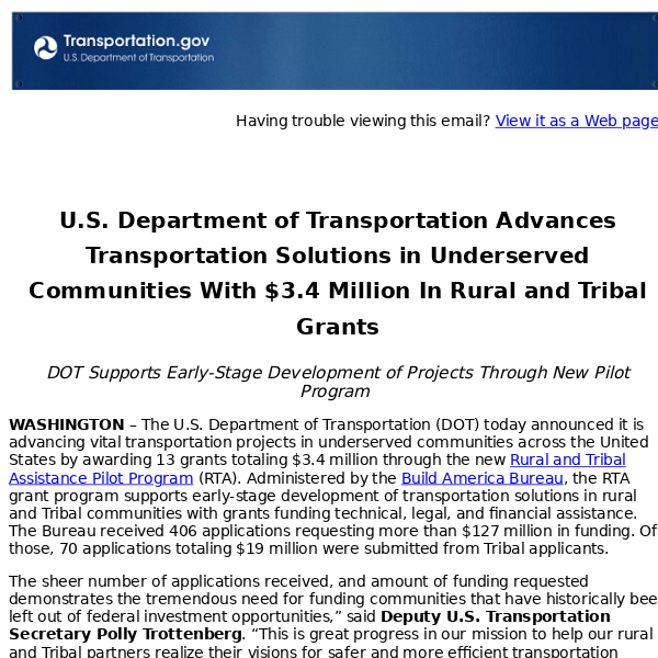 U.S. Department of Transportation Advances Transportation Solutions in Underserved Communities With $3.4 Million In Rural and Tribal Grants