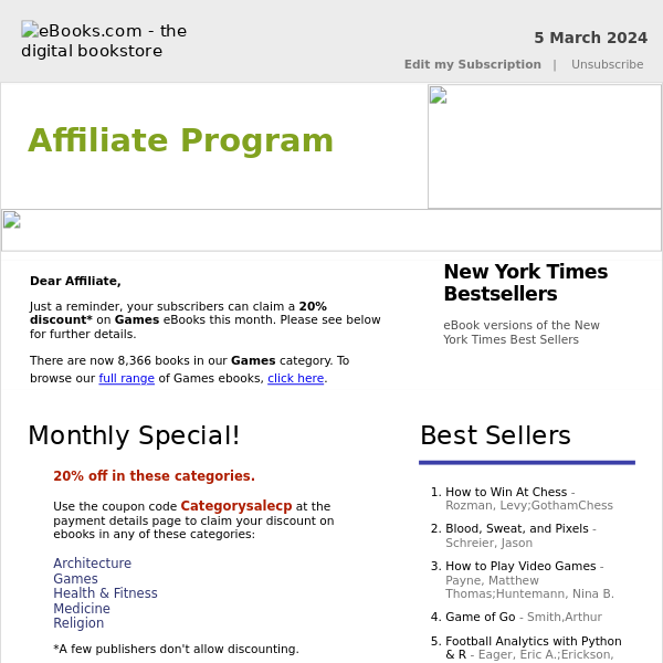 Affiliate Program : 20% Discount on Games eBooks, See Coupon Code...