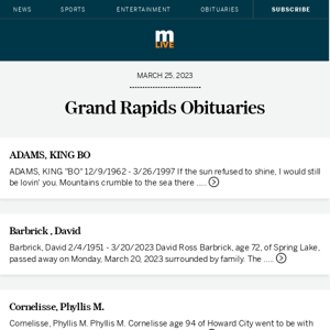 Today's Grand Rapids obituaries for March 25, 2023