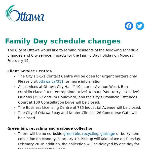 Family Day schedule changes