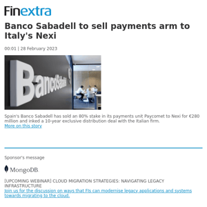 Finextra News Flash: Banco Sabadell to sell payments arm to Italy's Nexi
