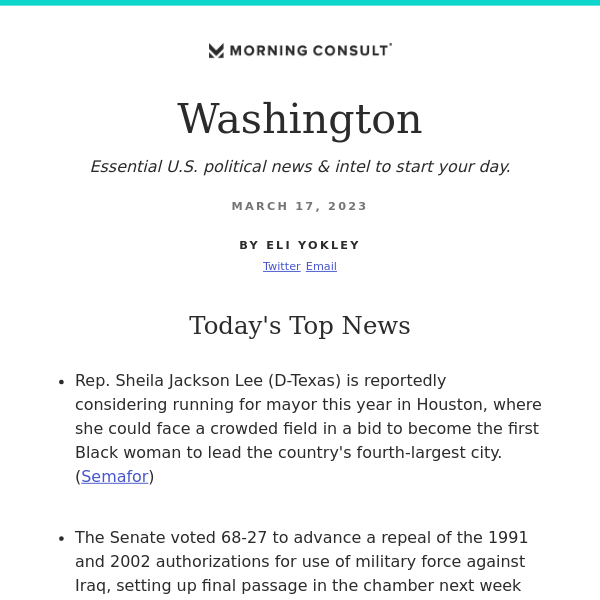 Morning Consult Washington Presented by NCTA: Sheila Jackson Lee Mulling Mayoral Run in Houston, Report Says