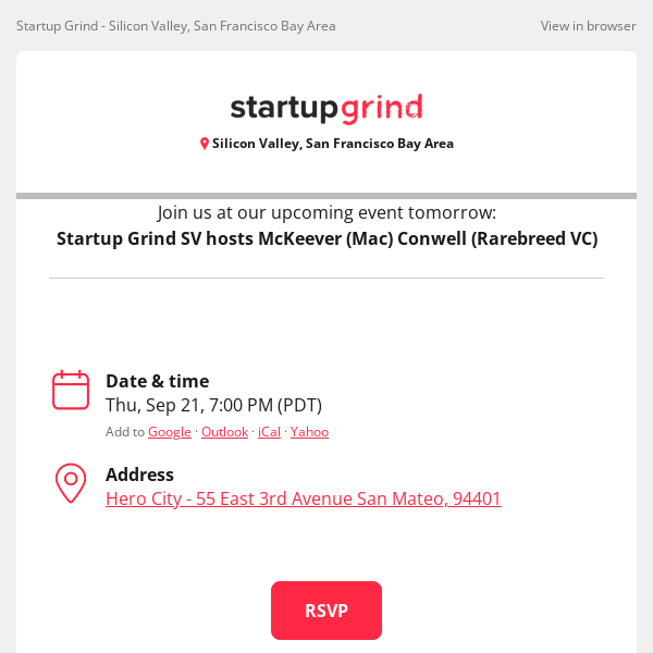 Event Tomorrow: Startup Grind SV hosts McKeever (Mac) Conwell (Rarebreed VC)