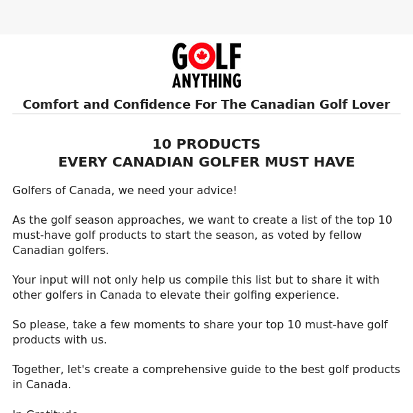 Calling all Canadian golfers: We nee your advice to create 10 must-have golf product list!