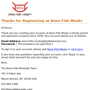 Thanks for Registering at Bona Fide Masks