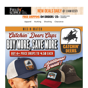 🧢 Catchin' Deer Caps: Buy 4+ & $4.50 each + additional brands