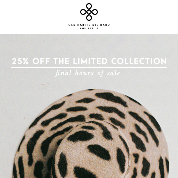 FINAL HOURS — 25% off animal print hats and more!