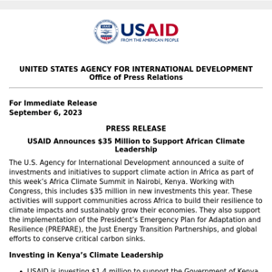 PRESS RELEASE: USAID Announces $35 Million to Support African Climate Leadership