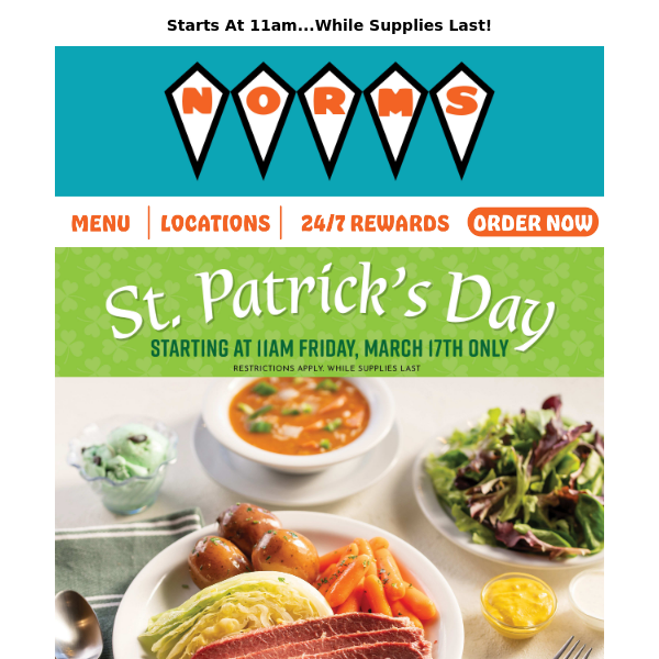 🍀St. Patrick's Day At NORMS! Corned Beef & Cabbage 4-Course Meal Only $15.99!🍀