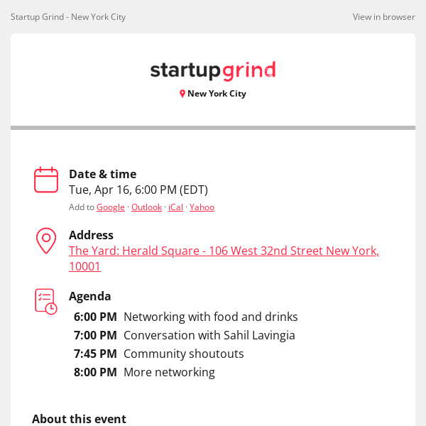 Startup Grind, join us for Building a Billion Dollar Business: Startup Grind feat. Sahil Lavingia (Gumroad)