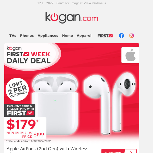 Exclusive Daily Deals: Apple AirPods, Nike Running Shoes, Panel Heater & More - Kogan First Week Continues!
