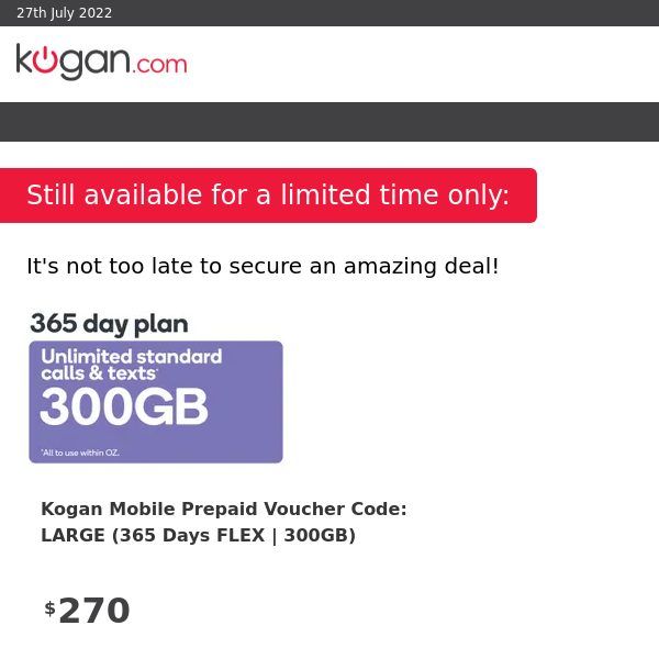 Kogan Mobile Prepaid Voucher Code: LARGE (365 Days FLEX | 300GB)