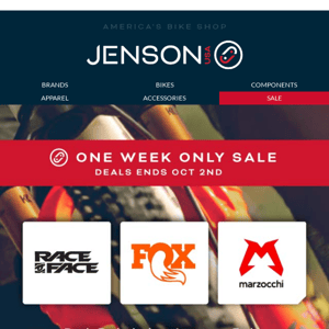 ONE WEEK ONLY Sale on Fox, Race Face, & Marzocchi. Deals End Oct 2nd!