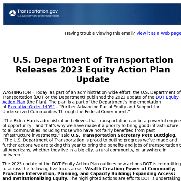 U.S. Department of Transportation Releases 2023 Equity Action Plan Update
