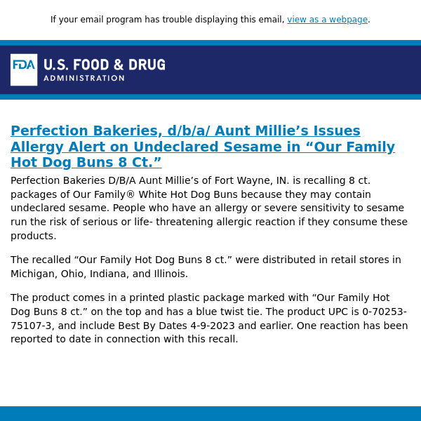 Perfection Bakeries, d/b/a/ Aunt Millie’s Issues Allergy Alert on Undeclared Sesame in “Our Family Hot Dog Buns 8 Ct.”