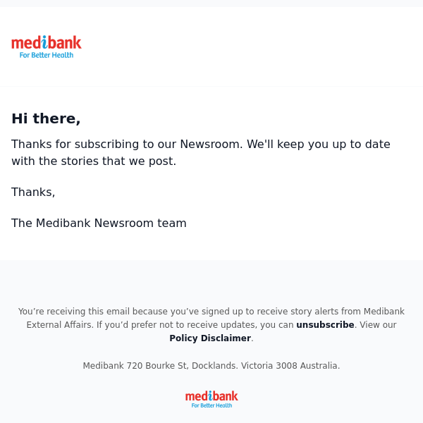 Medibank Newsroom subscription successful.