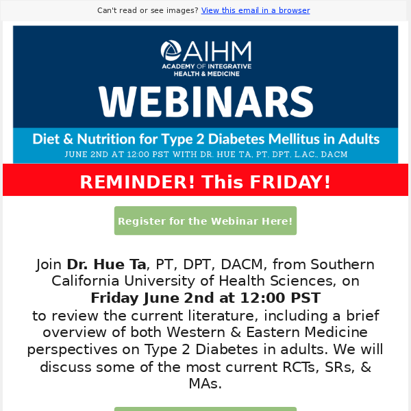 REMINDER! Webinar | THIS FRIDAY | Diet & Nutrition for Type 2 Diabetes with Dr. Hue Ta