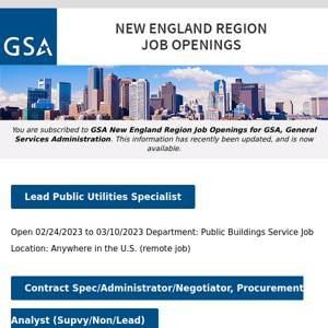 New/Current Job Opportunities in the GSA New England Region