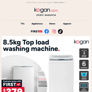 Kogan top load washing machine only $379* (SRP: $649.99)