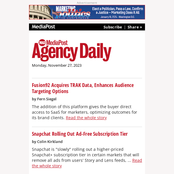 MediaPost Agency Daily: Fusion92 Acquires TRAK Data, Snapchat's Ad-Free Tier, United In 'Love'