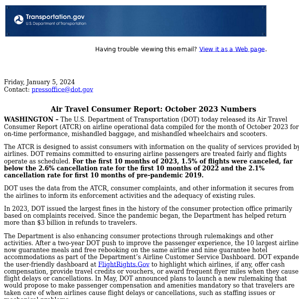 Air Travel Consumer Report: October 2023 Numbers