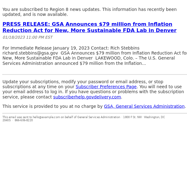 PRESS RELEASE: GSA Announces $79 million from Inflation Reduction Act for New, More Sustainable FDA Lab in Denver