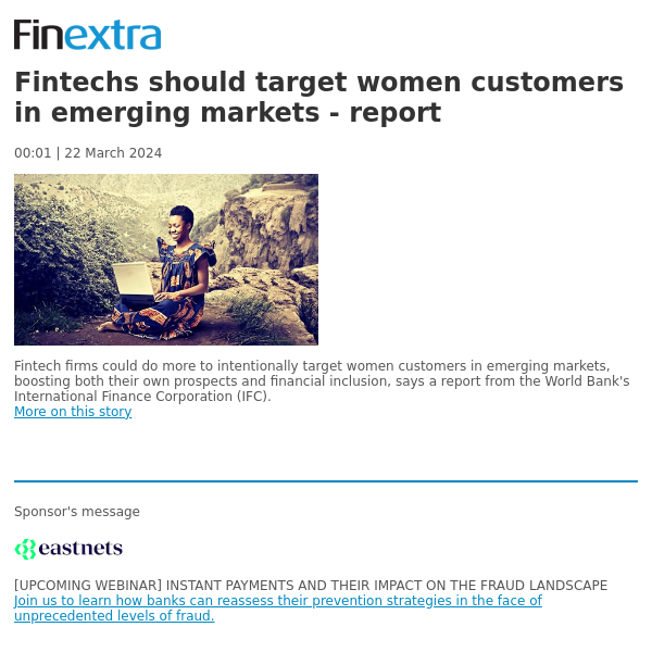 Finextra News Flash: Fintechs should target women customers in emerging markets - report