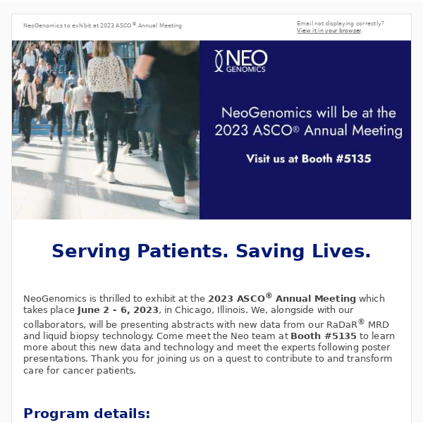 NeoGenomics to exhibit at 2023 ASCO® Annual Meeting
